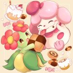  :d bellossom blush_stickers brown_eyes cake candy_wrapper closed_eyes commentary_request cream cup food food_on_face gen_2_pokemon gen_6_pokemon goma_(nabepa_nabepa) highres holding liquid mug open_mouth pokemon pokemon_(creature) slurpuff smile swiss_roll tongue tongue_out 