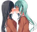  2girls bang_dream! black_hair blush commentary_request eye_contact face-to-face from_side green_eyes green_hair hanasakigawa_school_uniform hikawa_sayo imminent_kiss long_hair looking_at_another multiple_girls profile purple_eyes school_uniform shirokane_rinko sweat upper_body white_background yae_(eky_567) yuri 