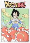  1boy armor black_hair cover cover_page crossover damaged dragon_ball dragon_ball_z electricity gloves highres manga_cover muscular muscular_male namek open_mouth pokemon pokemon_(creature) saiyan_armor spiked_hair torn_clothes vegeta voltorb wesatinthecar white_gloves 
