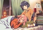  2girls bed bedroom blue_hair blush calendar_(object) closed_eyes coat commentary couple cup curtains happy holding holding_cup hotaru_iori indoors kagamihara_nadeshiko lamp lap_pillow looking_at_another medium_hair mug multiple_girls new_year night no_shoes open_mouth pants picture_frame pillow pink_hair purple_eyes shima_rin smile snow socks steam sweater under_covers window winter winter_clothes yuri yurucamp 