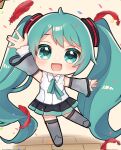  1girl :d \||/ absurdly_long_hair ahoge akikan_sabago aqua_eyes aqua_hair aqua_ribbon aqua_trim arm_up black_skirt blush boots chibi chibi_only collared_shirt commentary confetti detached_sleeves feathers full_body grey_footwear grey_sleeves hair_ornament hatsune_miku hatsune_miku_(nt) highres layered_sleeves long_hair miniskirt neck_ribbon open_mouth piapro red_feathers ribbon shirt simple_background skirt sleeveless sleeveless_shirt smile solo standing standing_on_one_leg thigh_boots twintails very_long_hair vocaloid white_shirt white_sleeves wooden_floor zettai_ryouiki 