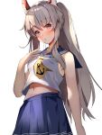  1girl aa44 anchor_symbol ayanami_(azur_lane) azur_lane bangs blue_skirt blush collarbone commentary_request eyebrows_visible_through_hair eyes_visible_through_hair hand_on_own_chest head_tilt headgear highres long_hair looking_at_viewer midriff navel orange_eyes parted_lips pleated_skirt ponytail school_uniform serafuku shade sidelocks silver_hair simple_background skirt solo white_background 
