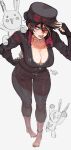  1girl absurdres artist_name black_hair black_hat black_nails breasts cleavage english_commentary fingerless_gloves gabriel_ales gloves hat highres holding holding_hat holding_unworn_clothes original pink_eyes scar scar_on_chest scar_on_face stuffed_animal stuffed_rabbit stuffed_toy toes tomboy tongue tongue_out white_background 