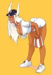  1girl animal_ears arched_back artist_name ass baseball_cap baseball_mitt bent_over boku_no_hero_academia breasts bunny_ears bunny_tail collarbone dark_skin dark_skinned_female from_side full_body gloves grin hat koshio large_breasts long_hair looking_to_the_side mirko profile pulled_by_self raised_eyebrow short_sleeves simple_background smile smug solo standing tail thighs white_footwear white_gloves white_hair 