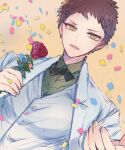  1boy bangs bow bowtie brown_background brown_eyes brown_hair collared_shirt commentary_request confetti danganronpa_(series) danganronpa_10th_anniversary_costume danganronpa_2:_goodbye_despair dutch_angle flower green_neckwear green_shirt highres hinata_hajime holding holding_flower jacket long_sleeves looking_at_viewer male_focus necktie official_alternate_costume open_mouth red_flower red_rose rose shirt short_hair sketch smile solo upper_body vest white_jacket white_vest zhi_(oriin_01) 