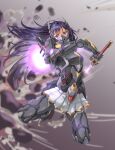  1girl armored_skirt blurry blurry_background dulldull explosion flying full_body glowing glowing_sword glowing_weapon headgear highres joints jumping king&#039;s_raid long_hair mask mecha_musume power_armor purple_eyes purple_hair scabbard science_fiction seria_(king&#039;s_raid) sheath skirt solo sword thrusters unsheathing very_long_hair weapon window 