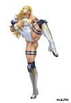  1girl absurdres ass bikini blonde_hair breasts copyright_name curvy fingerless_gloves gloves grin hanekura_bou highleg highleg_leotard highres kicking large_breasts leg_lift legs_apart leotard lilith-soft lips long_hair muscular muscular_female official_art power_lady smile solo standing standing_on_one_leg swimsuit taimanin_(series) taimanin_rpgx very_long_hair white_background white_bikini white_footwear white_leotard wide_hips 