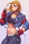  1girl abs absurdres artist_name black_choker blonde_hair blue_eyes breasts cammy_white choker cleavage cropped_jacket english_commentary fingerless_gloves gabriel_ales gloves highres midriff muscular muscular_female scar scar_on_face solo street_fighter street_fighter_6 