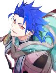  1boy asymmetrical_bangs bangs blue_hair braid braided_ponytail capelet child cu_chulainn_(fate)_(all) earrings emya fang fate/grand_order fate/grand_order_arcade fate_(series) floating_hair highres hood hood_down hooded_capelet jewelry long_hair male_focus open_mouth ponytail popped_collar red_eyes setanta_(fate) simple_background slit_pupils smile solo spiked_hair staff white_background 