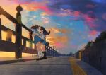  2girls black_hair black_legwear blue_sailor_collar blue_skirt bridge brown_hair cloud fence hibike!_euphonium kamo_kamen kitauji_high_school_uniform kousaka_reina leaning_forward leaning_on_rail loafers long_hair looking_at_another looking_away medium_hair multiple_girls oumae_kumiko pleated_skirt railing sailor_collar school_uniform serafuku shirt shoes short_sleeves skirt sky socks standing sunlight sunset uniform white_legwear white_shirt 