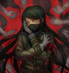  1boy armband bandages bangs black_hair commentary_request danganronpa_(series) danganronpa_v3:_killing_harmony feet fingernails floating_hair gakuran green_hair green_jacket hand_on_own_cheek hand_on_own_face hands hands_up highres jacket long_hair long_sleeves looking_at_viewer male_focus mask mouth_mask nail_polish people red_background school_uniform shinguuji_korekiyo solo_focus tei_(auntaso) upper_body very_long_hair yellow_eyes 