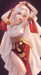 1girl absurdres armlet arms_up awan0918 breasts cleavage dancer dress edelgard_von_hresvelg fire_emblem fire_emblem:_three_houses highres long_hair open_mouth solo white_hair 