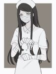  1boy bandaged_arm bandaged_hands bandages bangs black_hair border brown_background brown_eyes clenched_hand collared_dress commentary_request danganronpa_(series) danganronpa_v3:_killing_harmony dress hand_up hat long_hair mask mouth_mask nurse nurse_cap pale_skin shinguuji_korekiyo shiranuhi short_sleeves simple_background solo surgical_mask white_border white_dress 