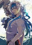  1boy akira_(nyaaspiece) alternate_costume bat blue_hair capelet cu_chulainn_(fate)_(all) cu_chulainn_(fate/grand_order) earrings fang fate/grand_order fate_(series) from_side fur-trimmed_hood fur_trim gae_bolg_(fate) grin hood hooded_capelet jewelry long_hair looking_at_viewer male_focus muscular open_mouth red_eyes shirt short_sleeves signature smile solo staff t-shirt transformation 