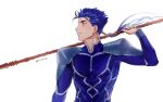  1boy armor beads blue_hair bodysuit closed_mouth cu_chulainn_(fate)_(all) earrings fate/stay_night fate_(series) floating_hair gae_bolg_(fate) hair_beads hair_ornament highres holding holding_polearm holding_weapon jewelry k29 lancer long_hair long_sleeves looking_to_the_side male_focus muscular pauldrons polearm ponytail red_eyes shoulder_armor simple_background skin_tight smile solo spiked_hair twitter_username weapon white_background 