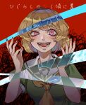  1girl :d bangs blonde_hair bob_cut copyright_name crazy_eyes deng_deng eyebrows_visible_through_hair fingernails grin hairband hands_up higurashi_no_naku_koro_ni houjou_satoko inverted_colors looking_at_viewer neckerchief open_mouth pink_eyes puffy_short_sleeves puffy_sleeves red_background red_pupils sailor_collar school_uniform serafuku shiny shiny_hair short_hair short_sleeves smile solo spoilers teeth translated uneven_eyes upper_body yellow_neckwear 