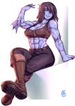  2021 abs animal_humanoid black_hair blue_body blue_skin boots bottomwear breasts cleavage clothed clothing csuryolaksono ear_fins female fin footwear grin hair humanoid marine marine_humanoid muscular muscular_female pants smile solo watermark 