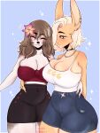  3:4 anthro big_breasts bottomwear breasts canid canine canis cleavage clothed clothing domestic_dog duo eyes_closed female hi_res lagomorph leporid mammal nadacheruulewd rabbit shorts wide_hips 