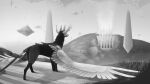  16:9 2021 detailed_background feral floating_island grass greyscale horn ipoke monochrome outside plant sky solo unknown_species widescreen wings 