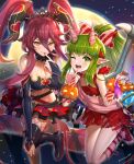  2girls artist_name bare_shoulders bat black_choker blush breasts choker cleavage closed_mouth crossover demon_horns dragalia_lost dragon dragon_girl dragon_horns dragon_tail dragon_wings fake_horns fang fire_emblem fire_emblem:_mystery_of_the_emblem fire_emblem_heroes fur_choker gonzarez green_eyes green_hair halloween halloween_costume heart highres holding horns large_breasts long_hair moon multiple_girls mym_(dragalia_lost) night night_sky one_eye_closed orange_eyes pointy_ears ponytail red_hair sky smile solo spread_skirt tail tiara tiki_(fire_emblem) twintails wings 