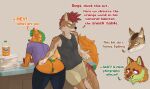 anthro anus beverage beverage_bottle blue_anus bottomwear bottomwear_down butt canid canine canis casey_(dmb) chekrep102 clothed clothing container cup dialogue dingo duo harley_(dmb) hi_res hybrid jackal male male/male mammal maned_wolf mephitid mocking pants pants_down partially_clothed pizza_box raised_tail ramsey_(dmb) skunk slim soda soda_bottle speech_bubble sydney_(dmb) tail thick_tail wolf