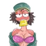 1:1 amphibia_(series) amphibian anthro bella_(amphibia) bra breasts cleavage clothed clothing disney duo female freckles hair hi_res newt object_in_mouth open_clothing open_topwear salamander_(amphibian) simple_background thedarkzircon topwear underwear white_background 