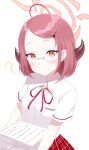  1girl ? absurdres ahoge aru_(blue_archive) blue_archive blush commentary glasses halo highres horns looking_at_viewer paper pn_(wnsl216) red_hair school_uniform short_hair simple_background white_background yellow_eyes younger 