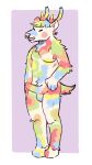  2019 absurd_res anthro antlers balls blush bulge butt candy cervid cervine cotton_candy dessert digital_drawing_(artwork) digital_media_(artwork) erection food full-length_portrait fur genitals hair hi_res hooves horn looking_away male mammal multicolored_hair nude penis portrait rainbow rainbow_hair scut_tail simple_background smile solo toony unknown_artist 