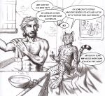  0laffson 2021 4_toes 5_fingers anthro cheetah dialogue duo english_text feet felid feline fingers human male mammal nude sitting standing text toes traditional_media_(artwork) 