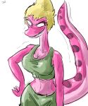  2020 amphibia_(series) amphibian anthro blonde_hair breasts cleavage clothed clothing disney female hair hi_res midriff newt red_body red_skin salamander_(amphibian) simple_background solo thedarkzircon white_background yunnan 