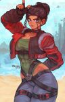  1girl abs absurdres artist_name breasts brown_hair cleavage cropped_jacket cyberpunk_(series) cyberpunk_2077 dark-skinned_female dark_skin earrings english_commentary fingerless_gloves freckles gabriel_ales gloves green_leotard hair_bun highres jewelry leotard lip_piercing panam_palmer piercing single_hair_bun solo stud_earrings toned toned_female 