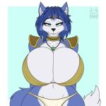  1:1 anthro bedroom_eyes big_breasts bra breasts canid canine choker clothing female fox hair half-closed_eyes hi_res huge_breasts jewelry krystal looking_at_viewer mammal metalfoxxx narrowed_eyes necklace nintendo seductive solo star_fox underwear video_games 