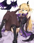  1girl ass bangs bare_shoulders bird black_gloves black_legwear blonde_hair bodystocking bow breasts elbow_gloves eyepatch fischl_(genshin_impact) garter_straps genshin_impact gloves green_eyes hair_over_one_eye highres knees_up legs long_hair looking_at_viewer medium_breasts oz_(genshin_impact) pretty-purin720 purple_bow purple_neckwear raven_(animal) single_leg_pantyhose single_thighhigh sitting thighhighs two_side_up 