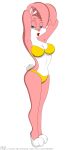  1:2 alpha_channel anthro babs_bunny bra clothing ears_down female hands_behind_head hi_res lagomorph leporid lipstick looking_at_viewer makeup mammal pinup_pose pivoted_ears rabbit shaded simple_background solo subarashi text tiny_toon_adventures transparent_background underwear url warner_brothers yellow_clothing yellow_underwear 