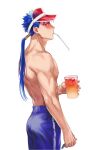  1boy alternate_costume beads blue_hair cu_chulainn_(fate)_(all) cup drinking_straw earrings fate/stay_night fate_(series) from_side hair_beads hair_ornament highres holding holding_cup jewelry k29 lancer long_hair male_focus male_swimwear muscular ponytail red_eyes shirtless simple_background solo spiked_hair swim_trunks swimsuit swimwear visor_cap 