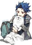  1boy 88_taho blue_hair braid closed_eyes cu_chulainn_(fate)_(all) dog fate/grand_order fate/grand_order_arcade fate_(series) holding hood hood_down jewelry male_focus open_mouth puppy red_eyes setanta_(fate) signature simple_background single_braid single_earring sitting spiked_hair twitter_username white_background 
