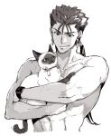  1boy 1other animal animalization archer beads biceps cat closed_mouth collarbone cu_chulainn_(fate)_(all) earrings emiya_shirou fate/stay_night fate_(series) grin hair_beads hair_ornament holding holding_animal jewelry lancer long_hair looking_at_another looking_down male_focus monochrome muscular ponytail shibanui shirtless siamese_cat simple_background sketch smile spiked_hair white_background 