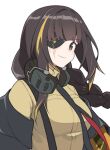  1girl bangs braid breasts brown_hair collared_shirt ear_protection eyepatch girls_frontline highres jacket jjuwaap long_hair looking_at_viewer m16a1_(girls_frontline) medium_breasts mole mole_under_eye multicolored_hair necktie off_shoulder scar scar_on_face shirt single_braid smile solo streaked_hair upper_body white_background 