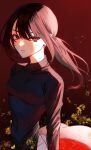  1girl ao_dai axis_powers_hetalia black_tunic breasts brown_hair highres long_hair long_sleeves looking_at_viewer mocota_0207 ponytail red_background red_eyes simple_background small_breasts solo tunic upper_body vietnam_(hetalia) vietnamese_clothes 