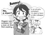  1boy 1girl ^_^ blush closed_eyes english_commentary english_text greyscale kantai_collection long_sleeves military_uniform mogami_(kancolle) monochrome neckerchief open_mouth pointing pointing_at_self reverse_trap sailor_collar school_uniform serafuku shin_(shin_k009) short_hair simple_background sweat t-head_admiral upper_body 