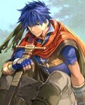  1boy armor bangs blue_eyes blue_gloves blue_hair boots cape closed_mouth commentary_request fingerless_gloves fire_emblem gloves green_headband headband ike_(fire_emblem) male_focus orange_cape outdoors pants sheath short_hair short_sleeves signature sitting smile solo sword toyota_saori weapon 