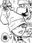 4_fingers annoyed anthro avian brock_pearson buckteeth choker christmas christmas_clothing christmas_headwear claire_wheeler clothing collar disney duo female fingers half-closed_eyes happy hat headgear headwear hi_res holidays humanoid jewelry looking_at_another male monochrome monster monsters_inc monsters_university multi_eye narrowed_eyes necklace noseless open_mouth pixar santa_hat sketch teeth tongue tongue_out unknown_artist