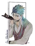  1boy akira_(nyaaspiece) alternate_costume angry biting blue_hair character_name collarbone collared_shirt cu_chulainn_(fate)_(all) cu_chulainn_(fate/grand_order) earrings fang fate/grand_order fate_(series) formal glove_biting gloves highres jewelry long_hair long_sleeves male_focus multiple_piercings open_mouth red_eyes shirt signature simple_background solo spiked_hair vest 
