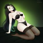  1girl absurdres black_hair black_lips breasts commission full_body green_eyes highres hime_tyan_art kim_possible_(series) kneeling long_hair medium_breasts multicolored_hair shego simple_background solo thighhighs two-tone_hair underwear 