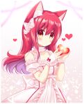  1girl animal_ear_fluff animal_ears bangs bare_shoulders blush bow cat_ears closed_mouth collarbone commentary_request detached_sleeves dress eyebrows_visible_through_hair floating_hair hair_between_eyes hair_bow hands_up heart highres holding long_hair looking_at_viewer original puffy_short_sleeves puffy_sleeves red_eyes red_hair shikito short_sleeves sleeveless sleeveless_dress solo very_long_hair white_bow white_dress white_sleeves 
