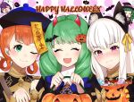  &gt;_&lt; 5girls animal_ears annette_fantine_dominic bernadetta_von_varley braid candy cat_ears closed_mouth demon_horns fake_animal_ears fake_horns fire_emblem fire_emblem:_three_houses flayn_(fire_emblem) food garreg_mach_monastery_uniform green_hair halloween_bucket happy_halloween hat highres holding horns lollipop long_hair lysithea_von_ordelia multiple_girls ofuda one_eye_closed open_mouth orange_hair otokajife pink_eyes purple_hair ribbon_braid short_hair smile sothis_(fire_emblem) twin_braids twintails uniform white_hair 