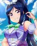  1girl bangs birthday blue_hair bracelet breasts cloud cloudy_sky commentary detached_sleeves hairband highres jewelry kimi_no_kokoro_wa_kagayaiteru_kai? long_hair looking_at_viewer love_live! love_live!_sunshine!! matsuura_kanan medium_breasts ponytail purple_eyes sidelocks sky sleeveless solo tsumikiy upper_body 