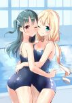  2girls ass asymmetrical_docking back bangs blonde_hair blue_eyes blue_swimsuit blush breast_press breasts cheek-to-cheek collarbone commission competition_school_swimsuit covered_navel cowboy_shot dripping eyebrows_visible_through_hair green_hair haoriya_chie_(minidraco) highres hug indoors long_hair looking_at_viewer medium_breasts minidraco multiple_girls one-piece_swimsuit one_eye_closed one_side_up original pool poolside red_eyes school_swimsuit shiny shiny_clothes shiny_skin shoulder_blades small_breasts standing swimsuit twintails wet wet_clothes wet_hair wet_swimsuit 