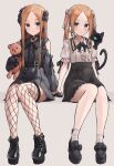  2girls abigail_williams_(fate) abigail_williams_(swimsuit_foreigner)_(fate) bangs black_bow black_cat black_dress black_footwear blonde_hair blue_eyes blush bow breasts cat dress dual_persona earrings fate/grand_order fate_(series) hair_bow jewelry kopaka_(karda_nui) legs long_hair looking_at_viewer multiple_girls parted_bangs simple_background sitting small_breasts smile stuffed_animal stuffed_toy teddy_bear twintails 
