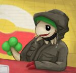 absurd_res ahoeforcoffee ambiguous_gender anthro assassin breloom camera_view cctv clothing delay_deny_depose face_mask generation_3_pokemon hi_res hoodie killing_of_brian_thompson nintendo pokemon pokemon_(species) pokemon_center security security_camera smile solo topwear waiting waiting_in_line